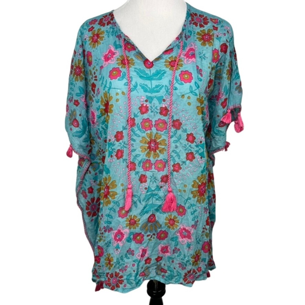 Natural Life Women Cotton Gauze Kaftan Floral Tassel Beach Cover Up Turquoise OS